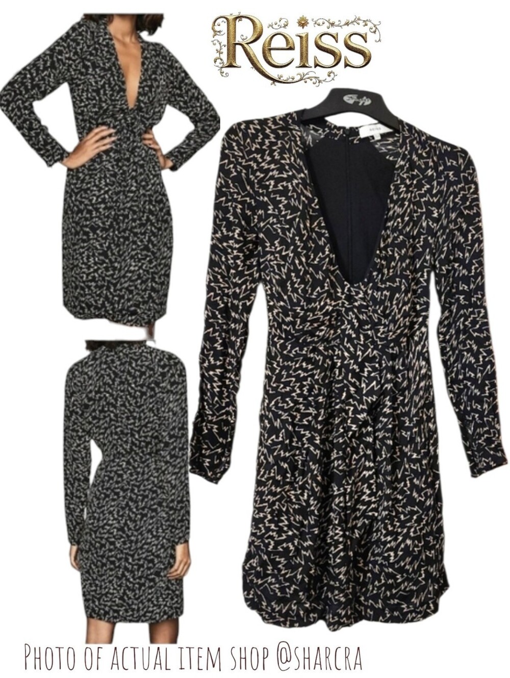 Reiss Women Julia Zig Zag Print Shift Dress Plunge Neck Long Sleeve Mini Black 2